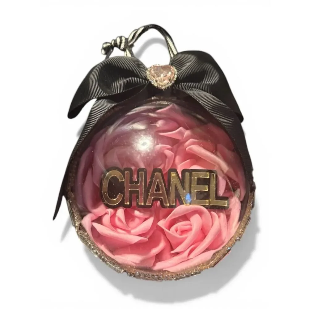 Luxury Pink Rose Ornament 4in Black Bow Gold Rhinestone Glam Chic Gift Decor